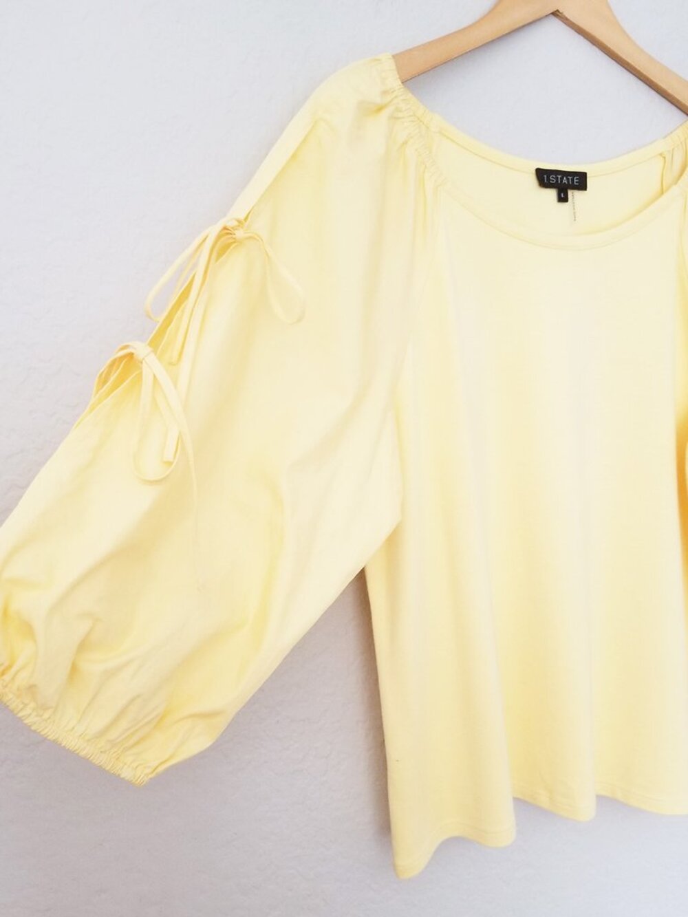 1. State Women' L Butter Yellow 3/4 Balloon Sleeve Tie Bow Blouse Top Coquette - Picture 9 of 14